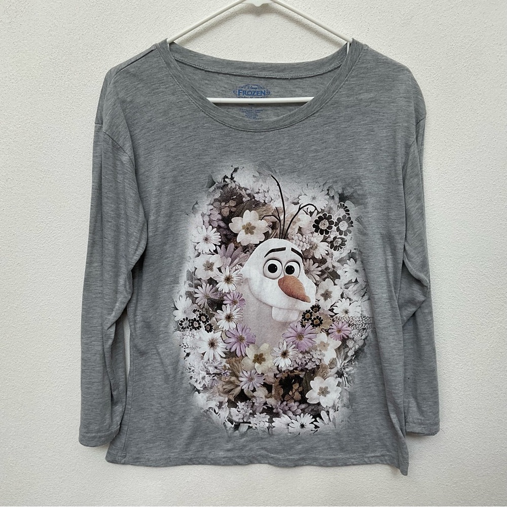 Kid's Disney Frozen Olaf Flowers Grey Long Sleeve Shirt Size Large